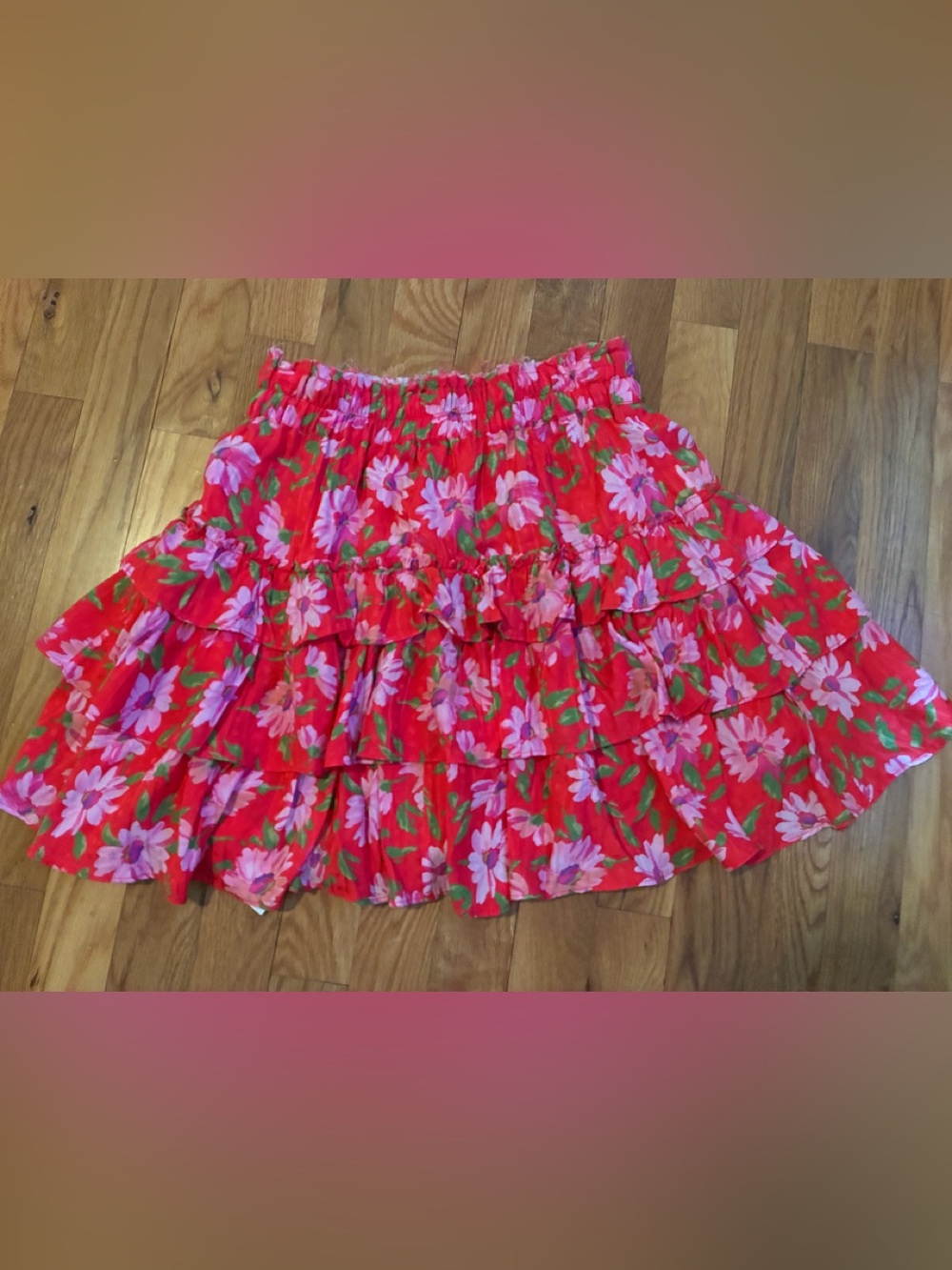 LoveShackFancy Red Floral Ruffle Mini Skirt